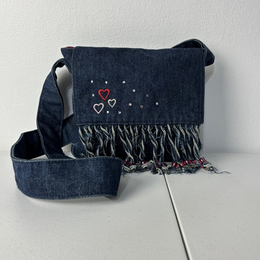 Vtg 2003 Old Navy Denim Crossbody Bag Heart Embroidery Beaded Fringe Y2K McBling